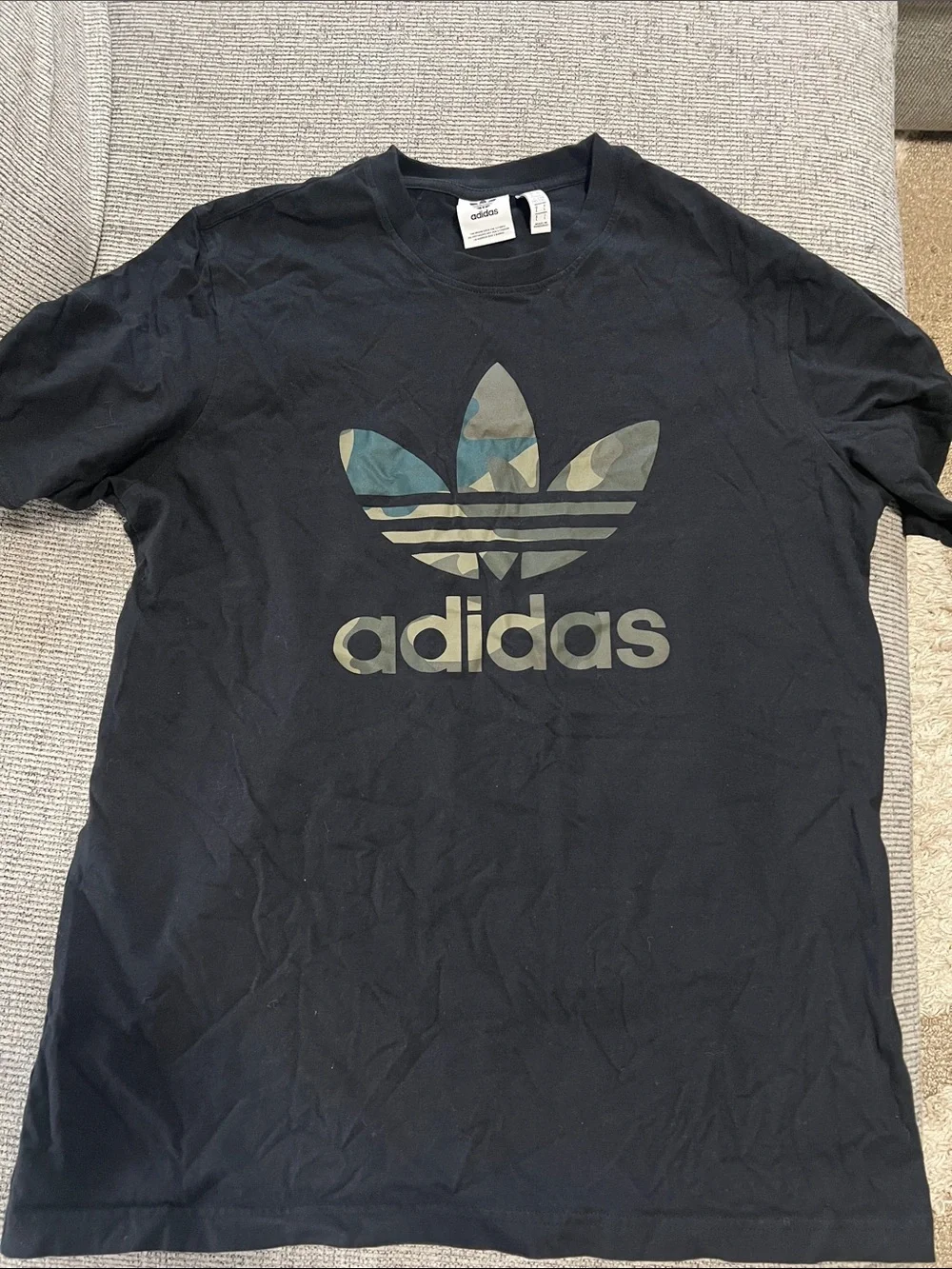 adidas Black Tee with Blue-Green Camo Trefoil